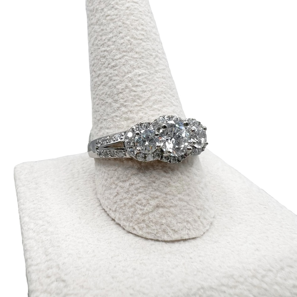 NWT Sterling Silver 3 Stone Cubic Zirconia Halo Engagement Ring